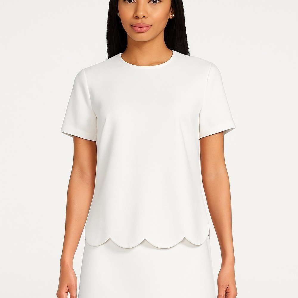 ALC Short Sleeve Crew Neck Scalloped blouse Shirt White Size 4 casual preppy